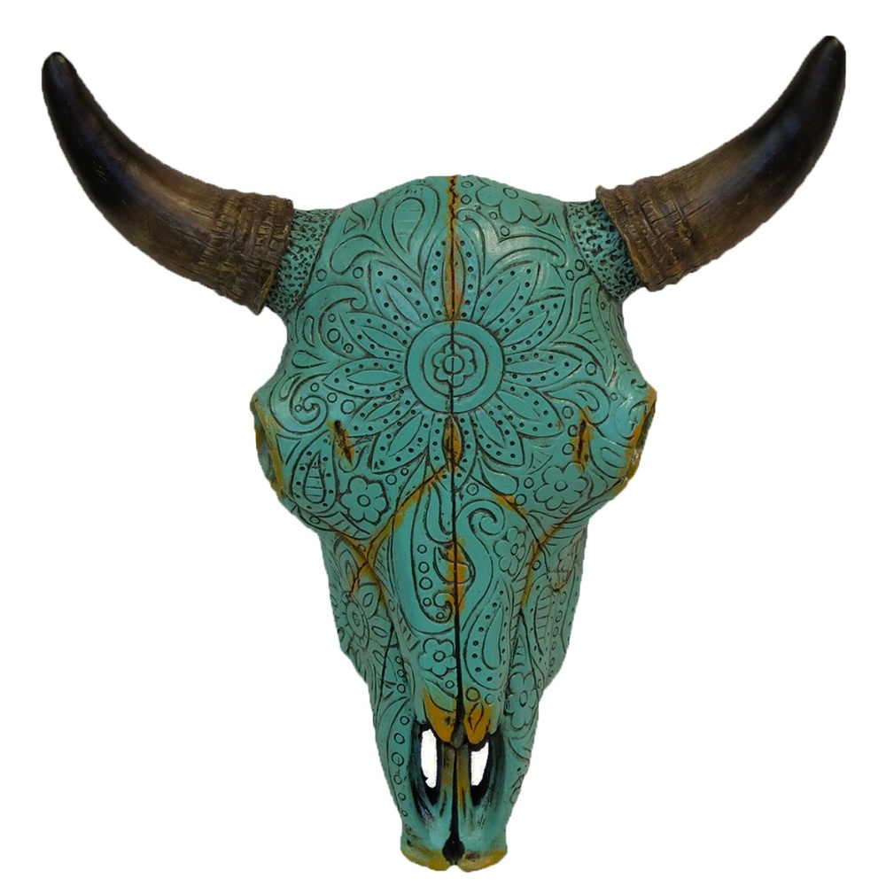 Tribal Tooled Flower Turquoise Steer Skull